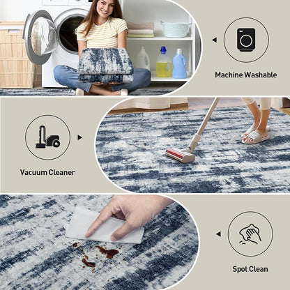 4x6 Area Rugs Washable Rug: Modern Abstract Living Room Rug Soft Anti-Skid Thin Carpet Indoor Floor Non-Shedding Carpets for Bedroom Dining Room Farmhouse Nursery Home Office Blue Grey