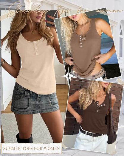 Ficerd 3 Pack Women's Henley Tank Tops Sleeveless Button Down Summer Shirts 2026 Casual Trendy Loose U Neck Tee Blouses