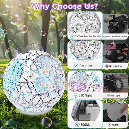 Bubble Machine Automatic Bubble Blower for Kids Toddlers Spherical LED Bubble Maker Electric Auto Rotating 45°/360° Outdoor Toy for Easter and Birthday Gift Party Wedding