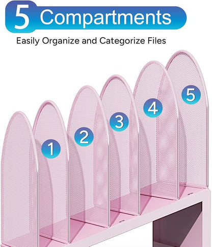 gianotter Desktop File Organizer with 5 Compartments | Desk Organizer Paper Organizer for Desk Workspace Organizers for Office Supplies (Pink, Inclined Style)