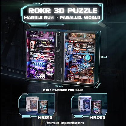 ROKR 2 in 1 Marble Run kit, 3D Plastic Puzzles for Adults, The Last City and The Future City Two Metal Models DIY Miniature Building Toy Kits, Gift for Women Men (Parallel World MRX01)