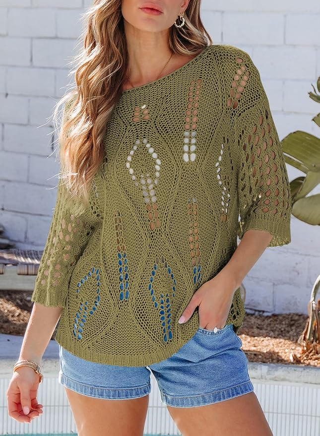 EVALESS Womens Crochet Hollow Out Knit Tops Half Sleeve Spring Summer Sweaters Beach Cover Ups for Women Trendy 2026