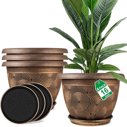 16 Inch Large Planter Pot for Plants Indoor Outdoor, 4 Pack Plastic Flower Pots with Drainage Hole & Tray, Modern Decorative Garden Pot with Saucer, Plant Container for House