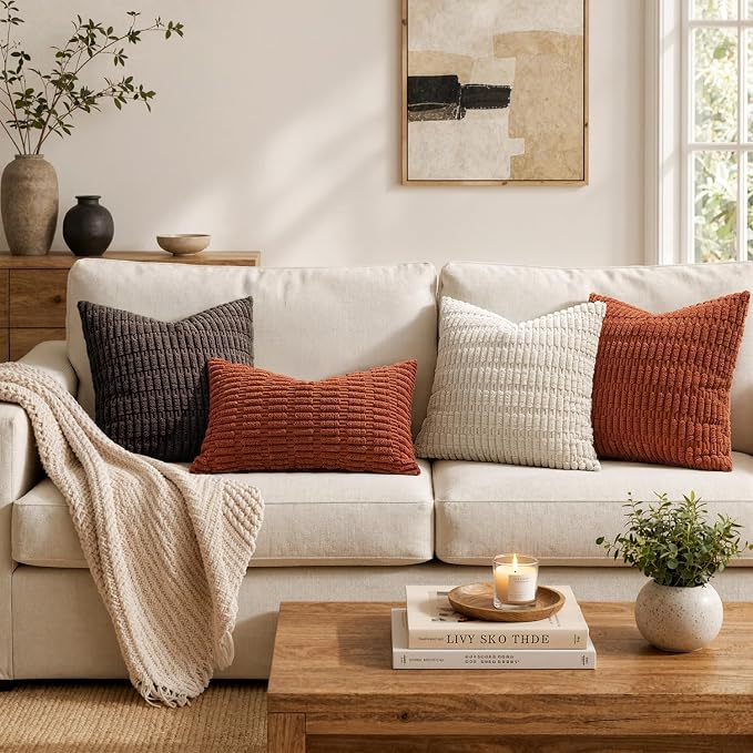 MIULEE Fall Pack of 2 Rust Corduroy Decorative Lumbar Pillow Covers 20x12 Inch Soft Boho Striped Throw Pillow Covers Modern Farmhouse Home Decor for Sofa Living Room Couch Bed