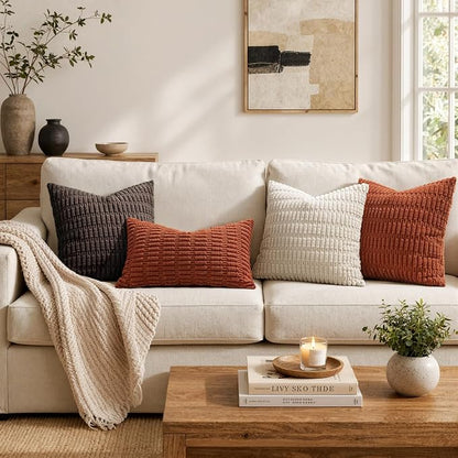 MIULEE Fall Pack of 2 Rust Corduroy Decorative Lumbar Pillow Covers 20x12 Inch Soft Boho Striped Throw Pillow Covers Modern Farmhouse Home Decor for Sofa Living Room Couch Bed