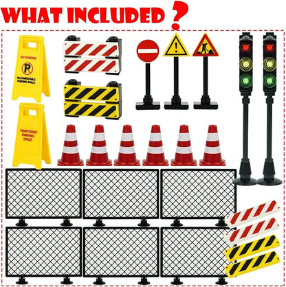 City Road Signs Bricks Accessories, Construction Site Street Signs, Mini Traffic Cones & Crosswalk Signal Toys for Kids Building Blocks Toys for Boys Girls