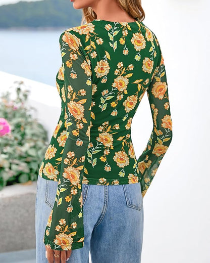 BTFBM Button Down Shirts for Women 2026 Fall Boho Tops V Neck Long Sleeve Blouses Ruched Mesh Fitted Fashion Clothing