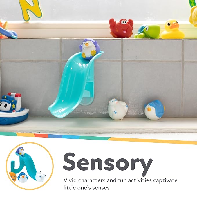 Nuby Penguin Slide Bath Toy Play Set with 4 Bath Squirters - Baby Bath Toys for Boys and Girls 12+ Months - Suction Cup Toy Attaches to Shower Wall