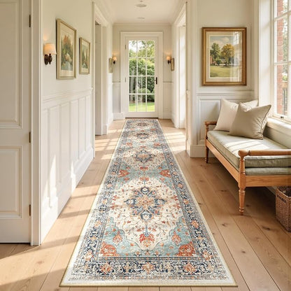 RELEANY Area Rugs Runner 2'x9' Washable Non-Slip, Floral Vintage Distress Medallion Carpet for Kitchen Hallway Bedroom Beside Laundry Room Bathroom, Beige Navy Blue Orange Colorful