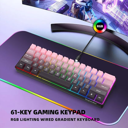Snpurdiri 60% Wired Gaming Keyboard, Pink-Black | 61 Keys, RGB Backlit Ultra-Compact Small Gaming Keyboard for PC/Mac Gamer, Typist, Travel, Easy to Carry on Business Trip