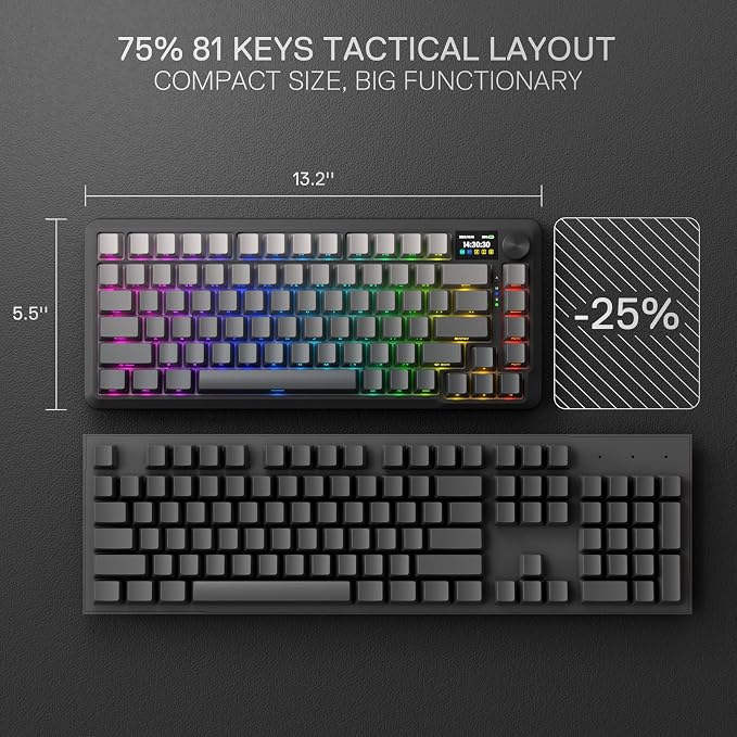 Redragon K724 PRO Wireless 81-Key Gasket Gaming Keyboard, TFT Screen & Knob | Easy-Control LED Info Display, 0-Delay Tri-Mode, Cushioned 5-Layer Noise Dampening for Creamy Thocky Sound, Compact 80% Size