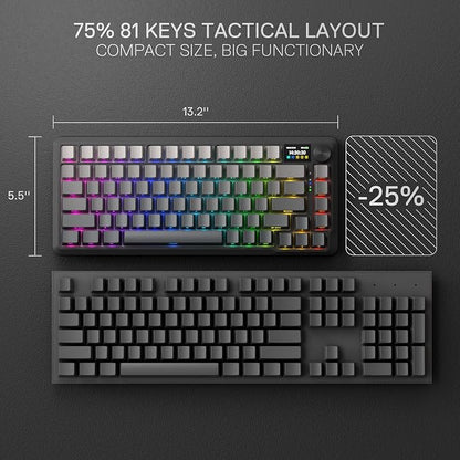 Redragon K724 PRO Wireless 81-Key Gasket Gaming Keyboard, TFT Screen & Knob | Easy-Control LED Info Display, 0-Delay Tri-Mode, Cushioned 5-Layer Noise Dampening for Creamy Thocky Sound, Compact 80% Size