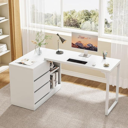 Tribesigns L-Shaped Computer Desk with Drawers and Shelves, Reversible White Corner Office Desk with Storage Cabinet, Modern Study Writing Table for Home Office, Bedroom