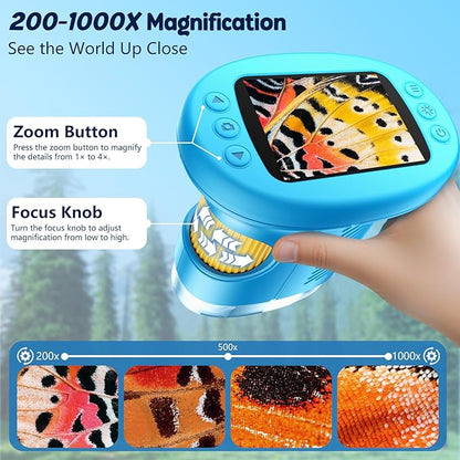 Odatay 4K 1000X Digital Microscope for Kids with Long Distance Viewing & 2.4" Screen, Portable Handheld Edu Toys for Kids Age 3-12 Exploring Bugs Plants at Home Classroom & Outdoor Travel, Blue