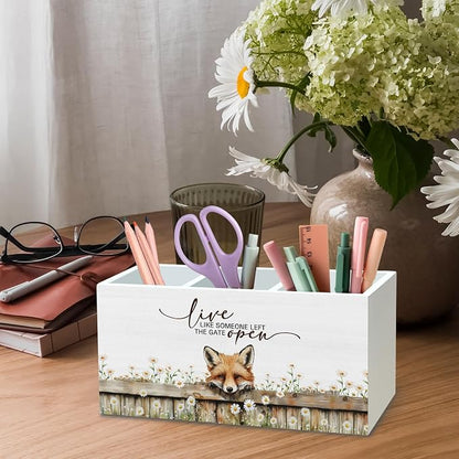 DILSJ Fox Inspirational Pen Pencil Holder Organizer For Desk, Fox Gifts For Women, Rustic Floral Live Like Someone Left The Gate Open Wooden Box Signs For Home Office Desk Tabletop Decoration
