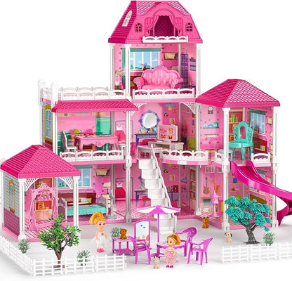 JUKUDAHU Villa Playset for Girls Ages 3-7, 3-Story 8 Room House with 2 Dolls, Furniture and Accessories, Indoor Playset Girls Toys for Ages 6-8, Pretend Toddler Toy, Birthday Gifts for Kids 4-8