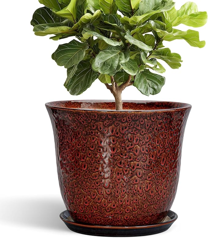 Ceramic Pots for Plants - 12 Inch Plant Pot for Indoor Outdoor, Round Planter with Drainage Hole and Saucer, Large Decorative Planters, Modern Flower Pot, Office Decor, Garden Gifts, Red