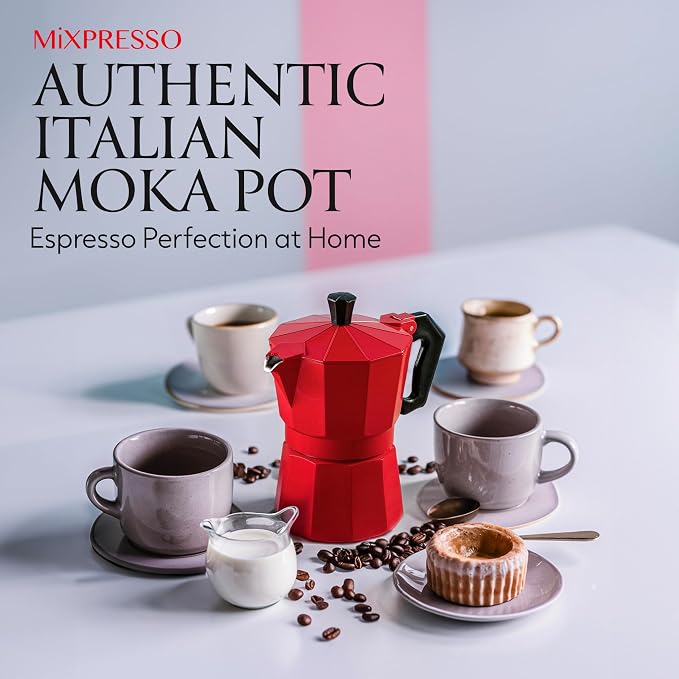 Mixpresso 3 Cup Moka Pot Stovetop Espresso Maker, Italian Cuban Coffee Pot | 5oz aluminum Italian coffee maker for gas and electric stovetops, small design for traditional espresso-style coffee at home