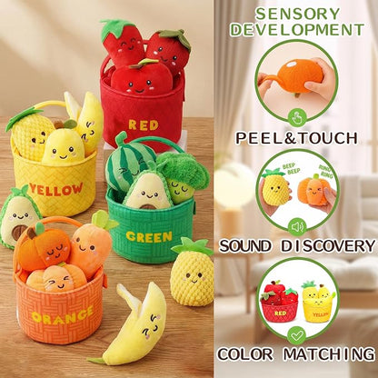 Montessori Baby Sensory Toys 6-12 Months - 16PCS Soft Plush Fruits & Vegetables Basket with Crinkle, Rattle & Color Sorting, Fine Motor Skills Learning Toy for 1 Year Old Toddlers Boys Girls