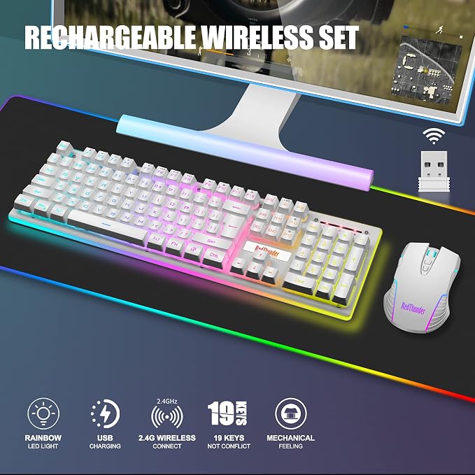 RedThunder K10 Wireless Gaming Keyboard and Mouse Combo, LED Backlit Rechargeable 3800mAh Battery, Mechanical Feel Anti-ghosting Keyboard + 7D 3200DPI Mice for PC Gamer (White)