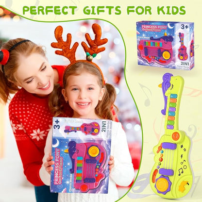 M SANMERSEN 3-in-1 Toddler Guitar Toys for Kids with Piano Drum, Electric Musical Toy with Strap Light Up 3 4 5 Year Old Boys Girls Gifts