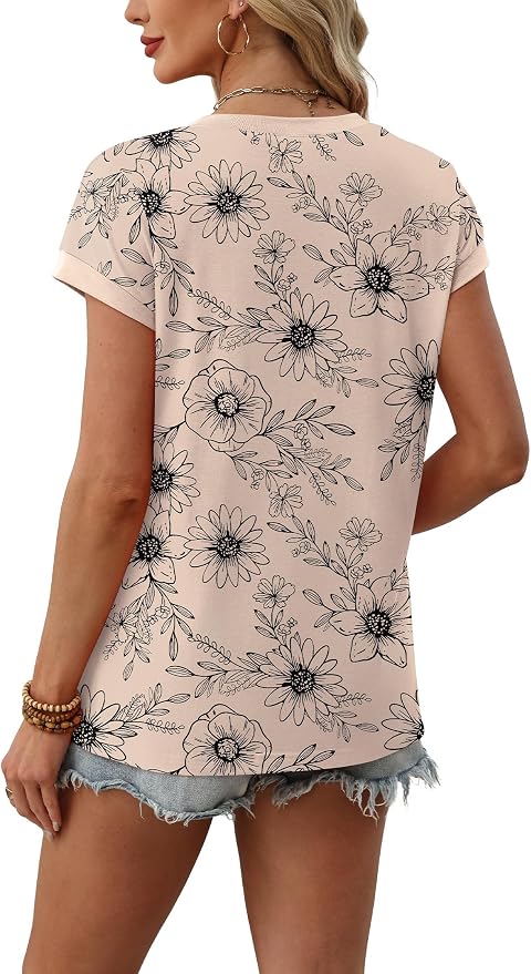 WIHOLL Womens Summer Tops 2026 Cap Short Sleeve Shirs V Neck T Shirts Fashion Beach Vacation Clothes Color Block