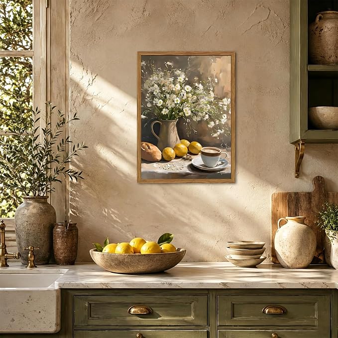 Framed Vintage Kitchen Wall Art, Rustic Floral Lemon Pictures Wall Decor, Cottagecore Coffee Bread Still Life Paintings Canvas Prints Farmhouse Home Decor for Dining Room Living Room 12x16 inch