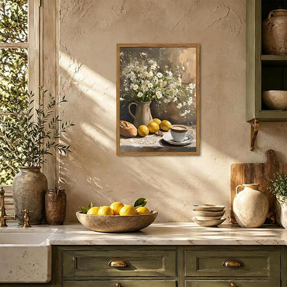 Framed Vintage Kitchen Wall Art, Rustic Floral Lemon Pictures Wall Decor, Cottagecore Coffee Bread Still Life Paintings Canvas Prints Farmhouse Home Decor for Dining Room Living Room 12x16 inch