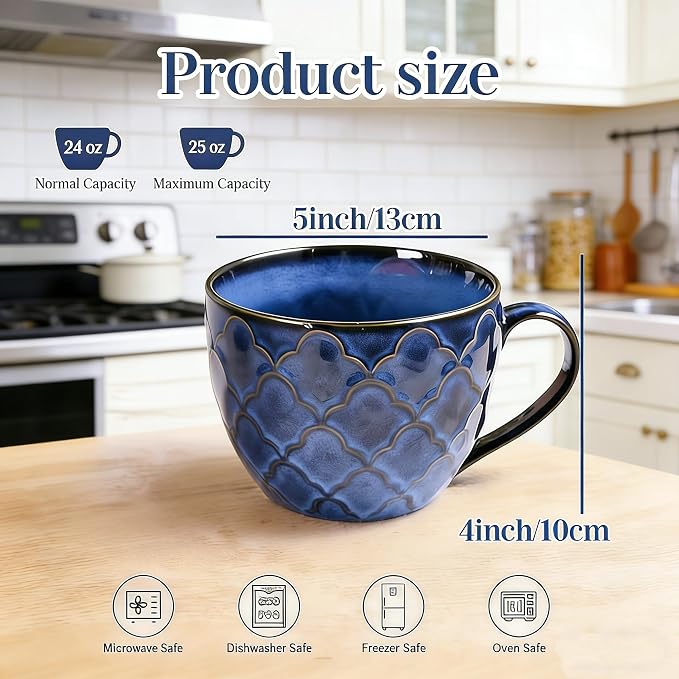 24 oz Large Coffee Mug, Ceramic Coffee Mugs with Handles, Set of 2, Blue | Coffee Mug for Hot Chocolate, Cappuccino, Soup, Oatmeal, Ramen, Microwave & Dishwasher Safe, Coffee Cups Large Soup Bowl