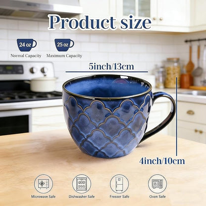 24 oz Large Coffee Mug, Ceramic Coffee Mugs with Handles, Set of 2, Blue | Coffee Mug for Hot Chocolate, Cappuccino, Soup, Oatmeal, Ramen, Microwave & Dishwasher Safe, Coffee Cups Large Soup Bowl