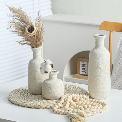 Ceramic Vase Set of 3, Neutral Rustic Vases Home Decor Farmhouse Decorative Vase Whitewashed Pottery Decor Boho Modern for Table Mantel Entryway Bookshelf Living Room Kitchen Bathroom Bedroom - White