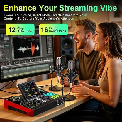tenlamp G10 Podcast Equipment Bundle for 2 with Live Sound Board Audio Mixer - Two Condenser Mics, Voice Changer, Noise Reduction, for PC/Phone Streaming, Gaming, Singing, Podcast, Recording