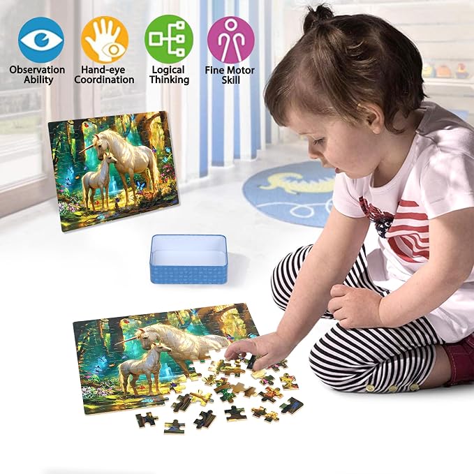 LELEMON Puzzles for Kids Ages 4-6,Unicorn 100 Piece Puzzles for Kids Ages 4-8 in a Metal Box,Educational Jigsaw Puzzles 100 Piece Puzzle Games Puzzle Toys for Girls and Boys