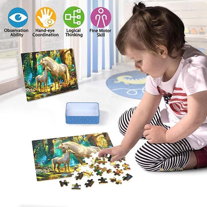LELEMON Puzzles for Kids Ages 4-6,Unicorn 100 Piece Puzzles for Kids Ages 4-8 in a Metal Box,Educational Jigsaw Puzzles 100 Piece Puzzle Games Puzzle Toys for Girls and Boys