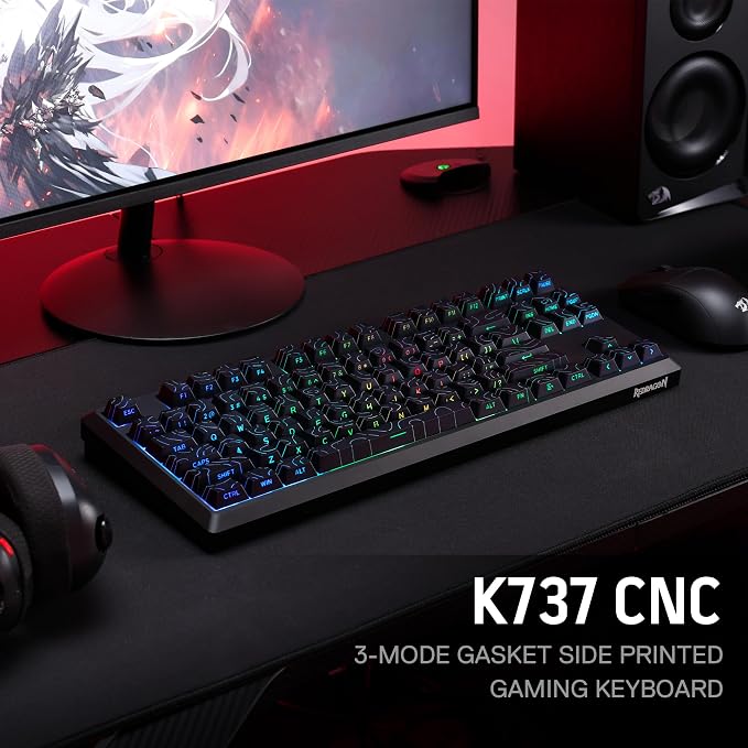 Redragon K737 PRO Wireless 87 Keys Gasket Gaming Keyboard, 80% Premium CNC Aluminum Mechanical Keyboard, Hot-Swap South-Facing LED Socket, 5-Layer Noise Dampening, Side-Printed PBT Contour Line Keycap