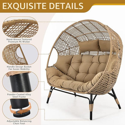 NICESOUL Double Egg Chair with Footstools & Cushions, Oversized Wicker Boho Chair Extra Large with Footrests Stationary 2 Person Loveseat Comfort Deep Seating for Indoor Outdoor