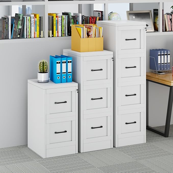 Small Metal 2-Drawer File Cabinet, Under-Desk Filing Cabinet, White | Locking, Adjustable Hanging Rail, Fit A4, FC, Letter, Hanging File Folders for Home Office Storage Organization, 1PS
