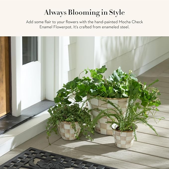 MACKENZIE-CHILDS Flowerpot, Decorative Garden Pot for Growing Plants, Brown-and-White Mocha Check