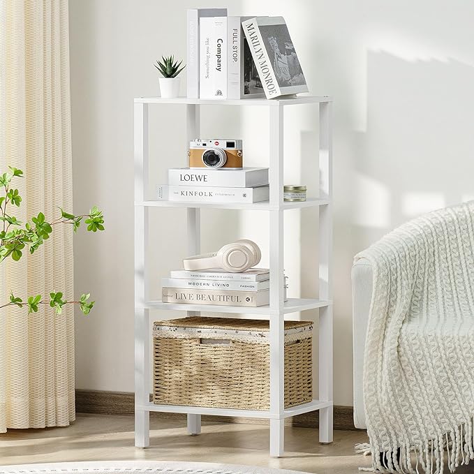 YUFAM 4 Tier Tall Wooden Bookshelf with Storage - Small White Bookcase for Small Spaces, Shelf for Living Room, Office, Bedroom, Kitchen - Industrial Modern Book Shelf