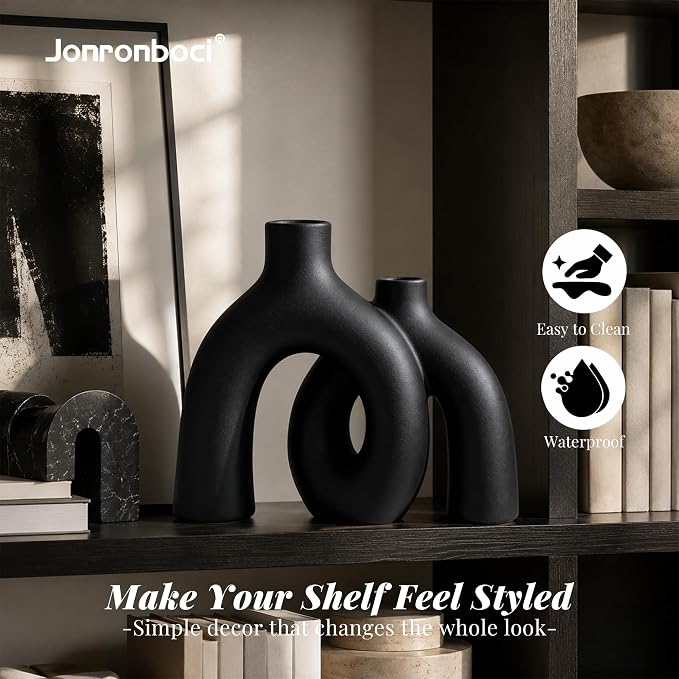 Matte Black Vase Set - Hug Hollow Donut Aesthetic Ceramic Vases Home Decor, Modern Nordic Minimalist Decorative Vase for Table Centerpiece Bookshelf Office Entryway Console Fireplace (Black)