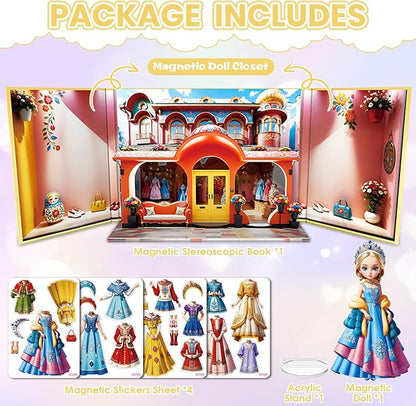 Magnetic Dress Up Dolls for Girls - Princess Magnet Paper Dolls Book with 3D City Buildings - Travel Car Trip Quiet Book Game Toys Easter Birthday Gifts for Kids Toddlers Ages 3 4 5 6 7(Style G)