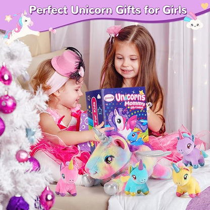 gnomantic Unicorn Stuffed Animals with Babies Inside, Mommy Toy for Kids | 5-Piece set: 1 mommy unicorn + 4 baby unicorns inside. Unzip belly to reveal surprise babies. Ultra-soft, ages 3-8.