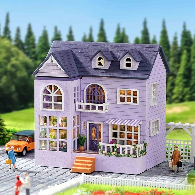 CUTEROOM Dollhouse Miniature with Furniture, DIY Wooden Dollhouse Kit Plus LED Lights, Creative Room for Valentine's Day Gift Idea (D032)
