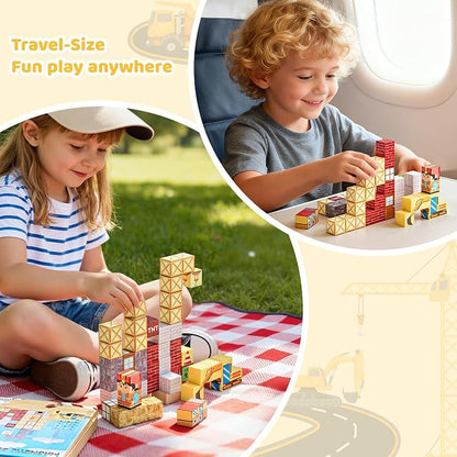 49PCS Magnetic Blocks with Iron Storage Box, Magnetic Cubes Tiles, STEM Educational Stacking Magnets Travel Toys for Kid Ages 3 4 5 6 7 8 9 10 11 Birthday Party Supplies Gifts for Boys Girls