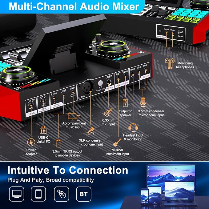 Podcast Microphone Bundle with Live Sound Board Audio Mixer, Podcast Equipment Bundle with 3.5mm Boom Mic(P15) for Pc/Phone Live Streaming Singing Gaming, Voice Changer, Denoise