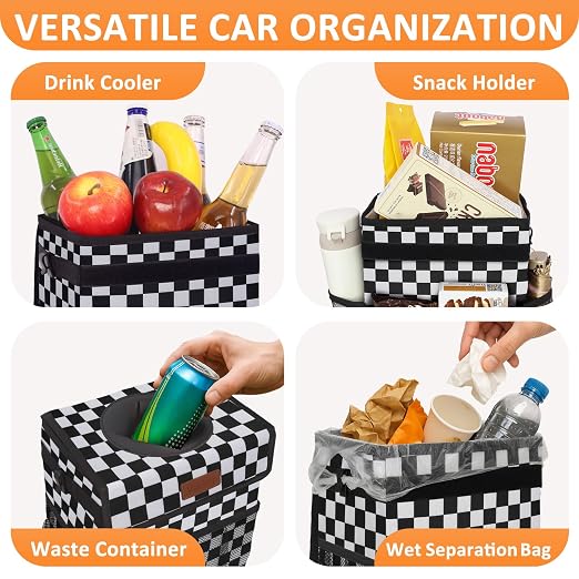 Vankor Car Trash Can Bin with Lid Hanging for Back Seat, Car Accessories for Women Men Leak Proof Automotive Garbage Cans Leakproof Vehicle Trash Can for Truck SUV,Black White Checkered
