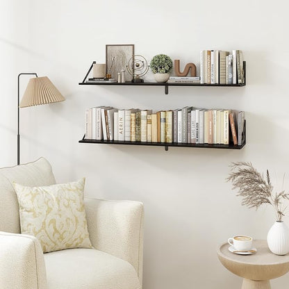 Heimlove Black Deep Floating Shelves for Wall, 40W x 8D Wood Wall Shelves Set of 2, Wide Floating Bookshelf for Living Room, Kitchen, Office, Bedroom and Decor Storage, with Metal Bracket - Black