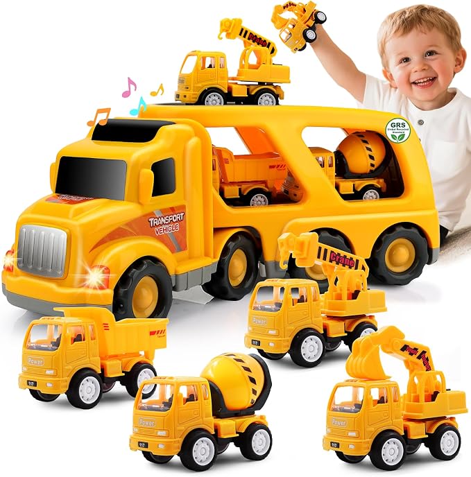 Nicmore Construction Truck Toddler Toys Car: Toys for 1 2 3 4 Year Old Boy 5 in 1 Carrier Toys for Kids Age 1-3 2-4| 18 Months 2 Year Old Boy Christmas Birthday Gifts