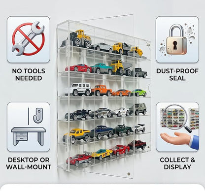 Acrylic Display Case for Hot Wheels, Toy Car Storage for 1/64 Scale Diecast Cars, Matchbox Garage, Collectible Model Cars, No Assembly Required, Magnetic Door Dustproof Showcase
