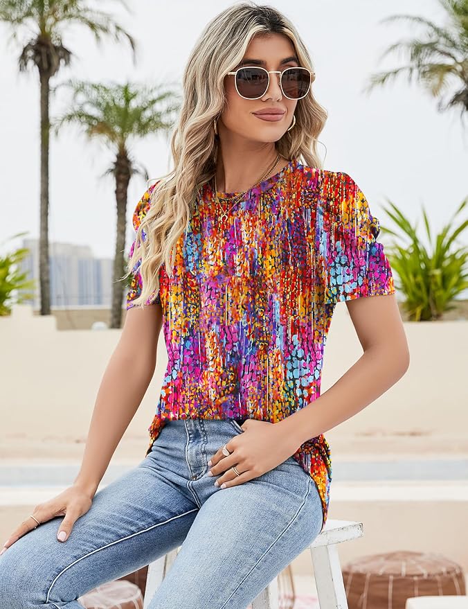 Ivicoer Puff Short Sleeve Shirt for Women Eyelet Tops Summer Crewneck Blouse Loose Fit S-XXL
